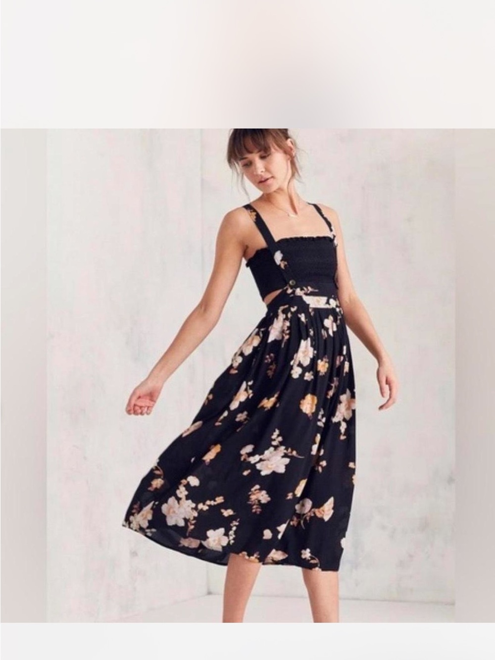Kimchi Blue | Black Floral Midi Skirt with suspenders size large